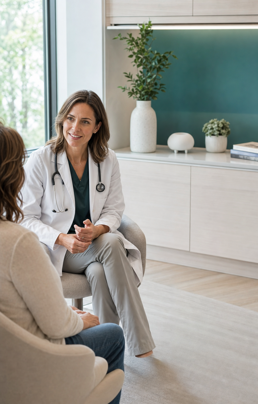 A Primary Care physician speaking with a patient in a modern clinic