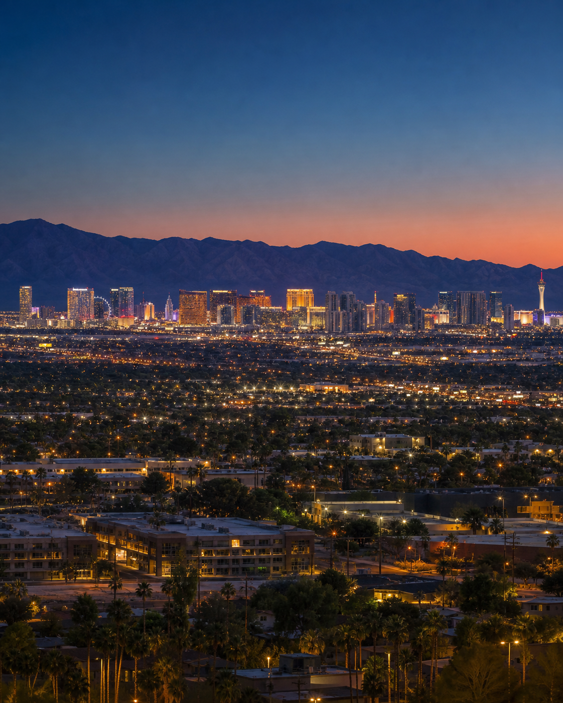 Las Vegas skyline and surrounding valley at dusk