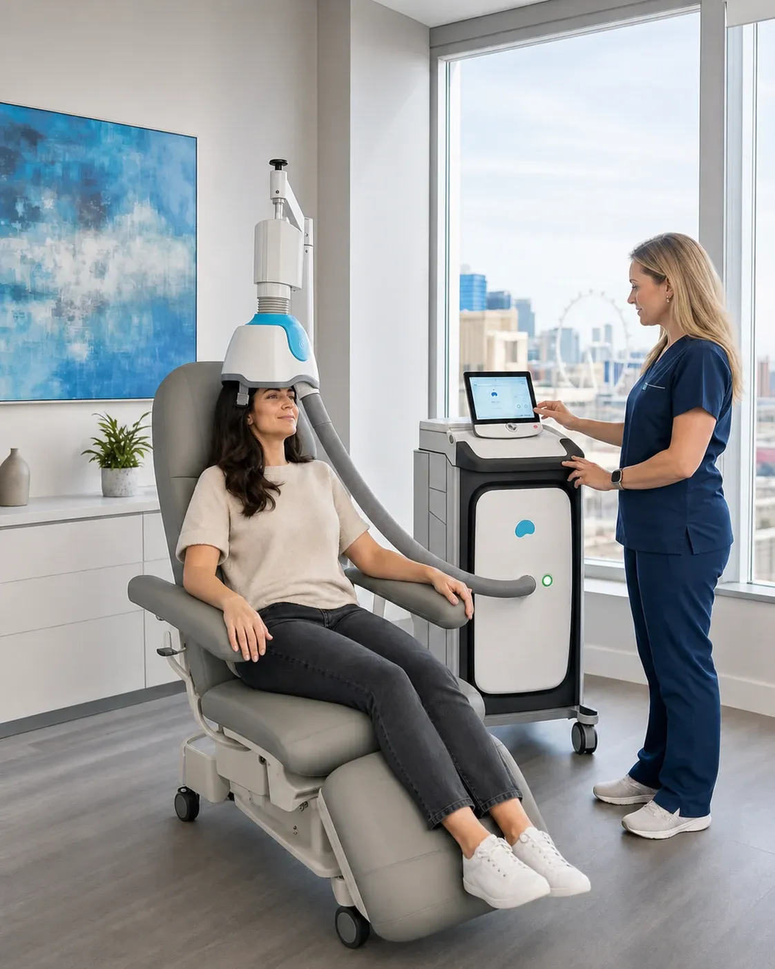 A patient receiving Deep TMS treatment with the BrainsWay 104 System